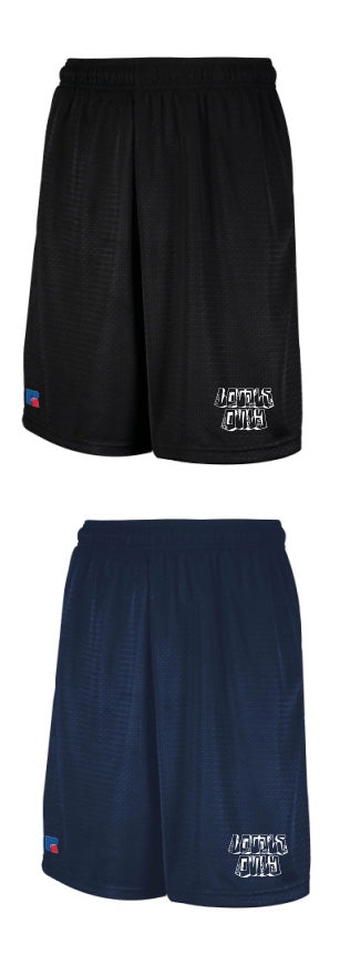 Block letter mesh shorts